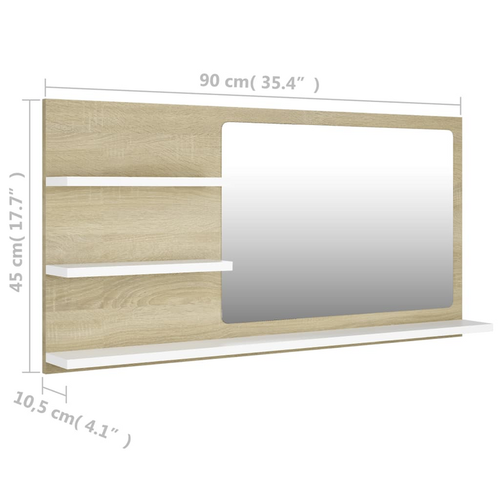 Shelved Sonoma Oak Bathroom Mirror - Natural & White, 3 Shelf Wall-Mounted Mirror 90x10.5x45cm - Stylish & Functional for Modern Bathrooms - Premium  from Home Treasures - Just £35.99! Shop now at Home Treasures