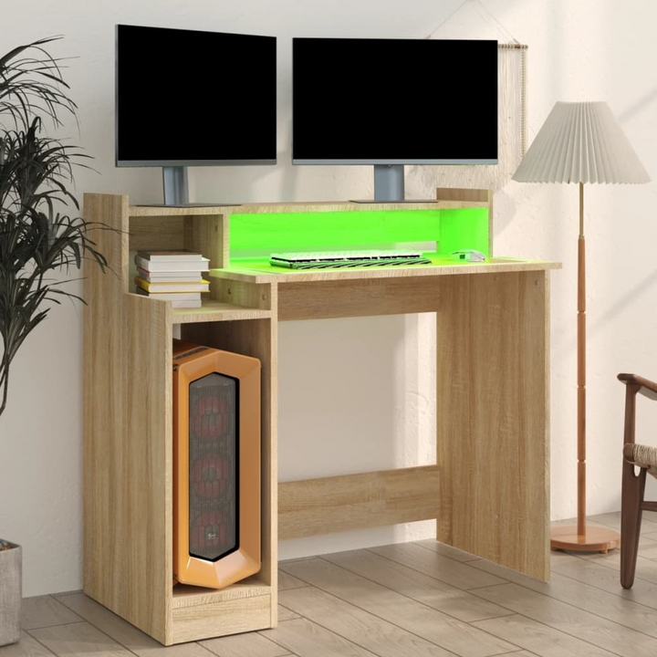 Modern Sonoma Oak Work Desk with LED Lights - 97 x 45 x 90cm | Versatile Computer & Writing Desk - Premium  from Home Treasures - Just £66.99! Shop now at Home Treasures