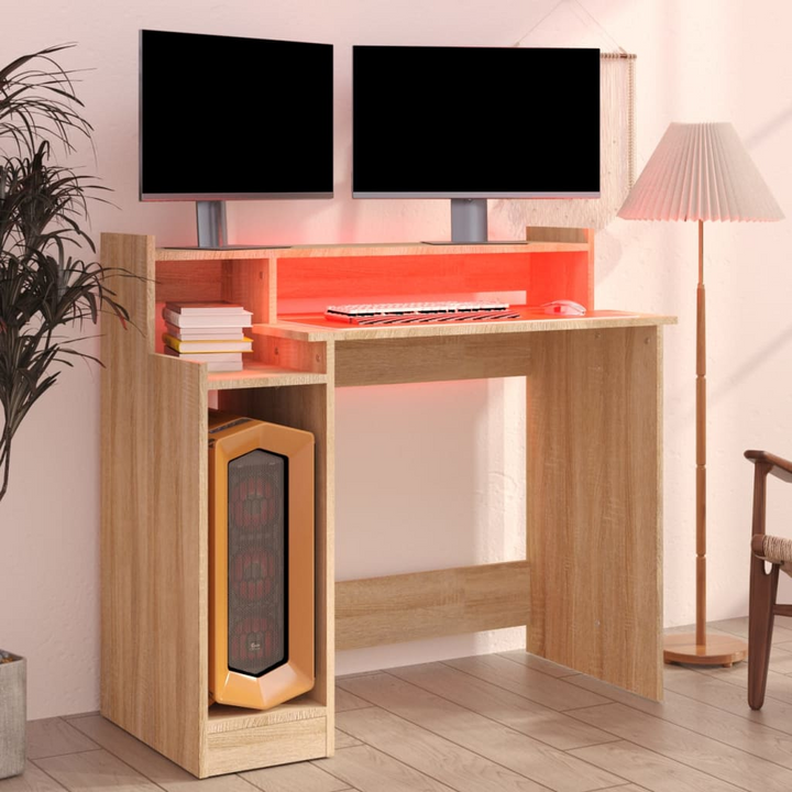 Modern Sonoma Oak Work Desk with LED Lights - 97 x 45 x 90cm | Versatile Computer & Writing Desk - Premium  from Home Treasures - Just £66.99! Shop now at Home Treasures