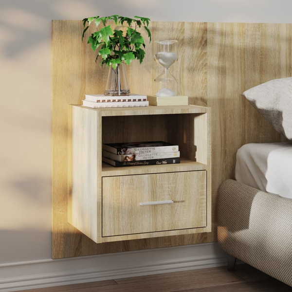 Elegant Sonoma Oak Wall-Mounted Bedside Cabinet - Space-Saving Floating Nightstand with Storage Drawer, Engineered Wood Construction - Premium  from Home Treasures - Just £44.99! Shop now at Home Treasures