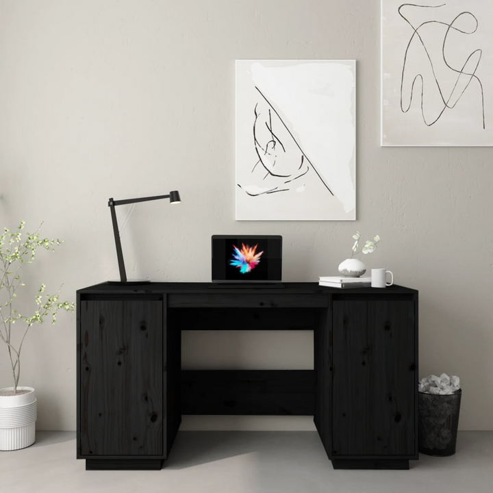 Solid Pine Work Desk in Black - Modern 140 x 50 x 75cm Office and Home Desk with Ample Storage Space - Premium  from Home Treasures - Just £213.99! Shop now at Home Treasures