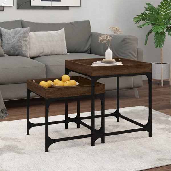 2-Piece Brown Oak Side Tables - Industrial Style with Engineered Wood and Steel Frame, Space-Saving Design - Premium  from Home Treasures - Just £50.99! Shop now at Home Treasures