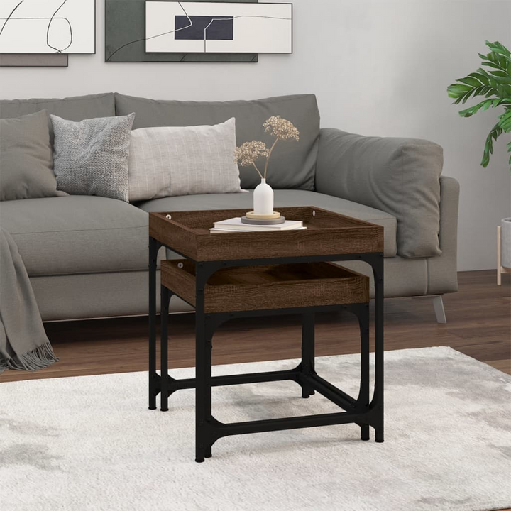 2-Piece Brown Oak Side Tables - Industrial Style with Engineered Wood and Steel Frame, Space-Saving Design - Premium  from Home Treasures - Just £50.99! Shop now at Home Treasures