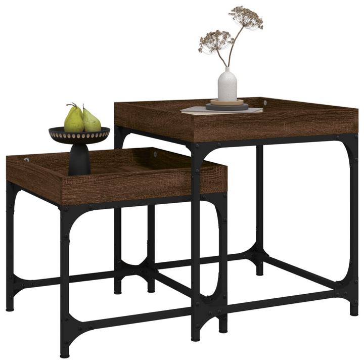 2-Piece Brown Oak Side Tables - Industrial Style with Engineered Wood and Steel Frame, Space-Saving Design - Premium  from Home Treasures - Just £50.99! Shop now at Home Treasures