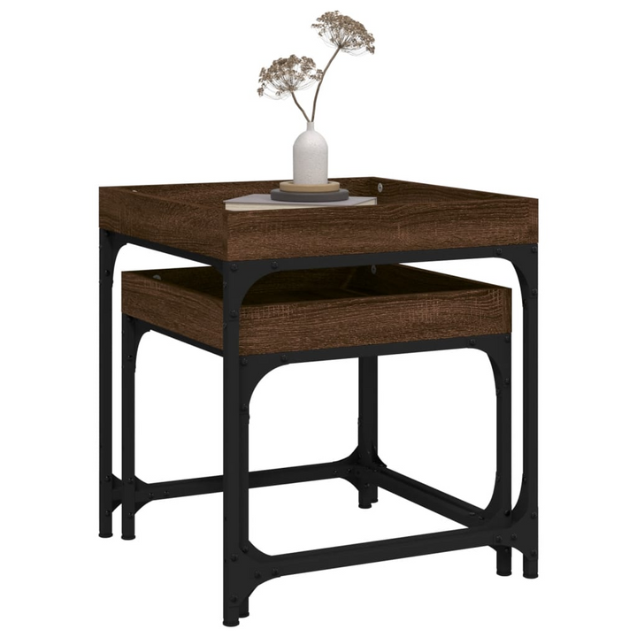 2-Piece Brown Oak Side Tables - Industrial Style with Engineered Wood and Steel Frame, Space-Saving Design - Premium  from Home Treasures - Just £50.99! Shop now at Home Treasures