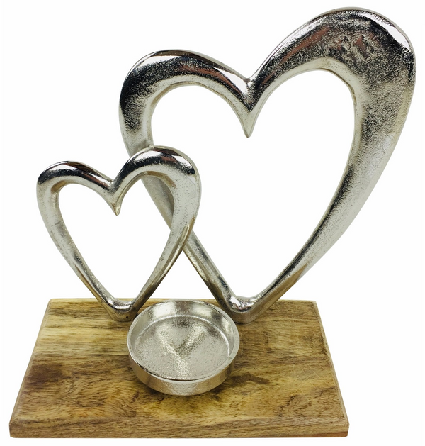 Double Heart Tealight Holder - Elegant Metal and Wood Candle Holder for Home Decor - Premium  from Home Treasures - Just £19.99! Shop now at Home Treasures