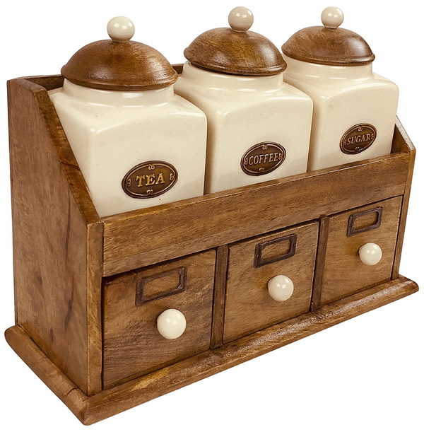 Elegant Ceramic Jar Set with Wooden Drawers - Perfect for Tea, Coffee & Sugar Storage - Premium  from Home Treasures - Just £59.99! Shop now at Home Treasures