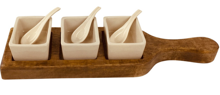 Rustic Wooden Tray with Dip Bowls & Spoons - 36cm Solid Mango Wood, Cream Glazed Ceramic - Premium  from Home Treasures - Just £21.99! Shop now at Home Treasures