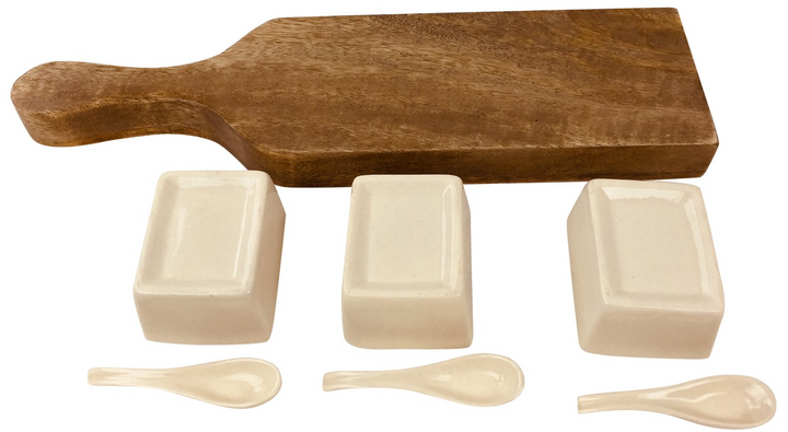 Rustic Wooden Tray with Dip Bowls & Spoons - 36cm Solid Mango Wood, Cream Glazed Ceramic - Premium  from Home Treasures - Just £21.99! Shop now at Home Treasures