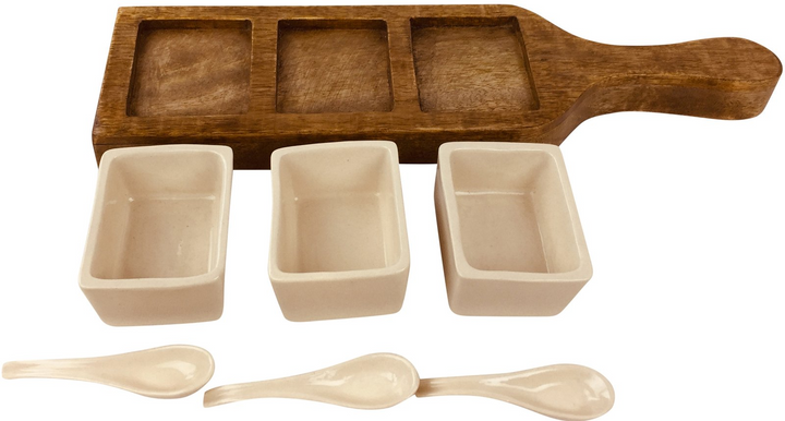 Rustic Wooden Tray with Dip Bowls & Spoons - 36cm Solid Mango Wood, Cream Glazed Ceramic - Premium  from Home Treasures - Just £21.99! Shop now at Home Treasures