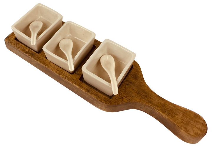 Rustic Wooden Tray with Dip Bowls & Spoons - 36cm Solid Mango Wood, Cream Glazed Ceramic - Premium  from Home Treasures - Just £21.99! Shop now at Home Treasures