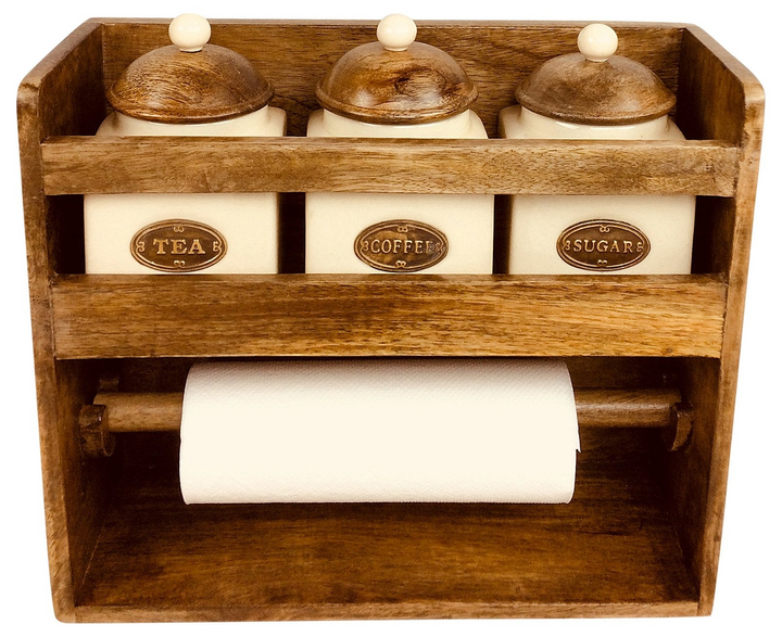 Kitchen Roll Holder with 3 Ceramic Jars – Stylish Wooden Rack for Tea, Coffee, and Sugar – Free Standing or Wall Mountable - Premium  from Home Treasures - Just £51.99! Shop now at Home Treasures