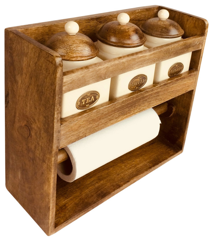 Kitchen Roll Holder with 3 Ceramic Jars – Stylish Wooden Rack for Tea, Coffee, and Sugar – Free Standing or Wall Mountable - Premium  from Home Treasures - Just £51.99! Shop now at Home Treasures