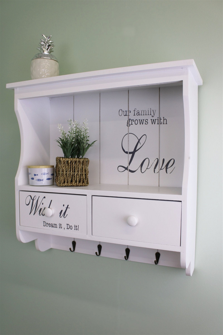 Vintage Country Style Wall Unit in White - Hooks, Drawers & Shelf | Country Cottage Decor | 18x50x50cm - Premium  from Home Treasures - Just £40.99! Shop now at Home Treasures