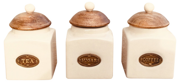 Rustic Ceramic Tea, Coffee & Sugar Jars with Wooden Lids - Elegant Kitchen Storage Set - Premium  from Home Treasures - Just £36.99! Shop now at Home Treasures