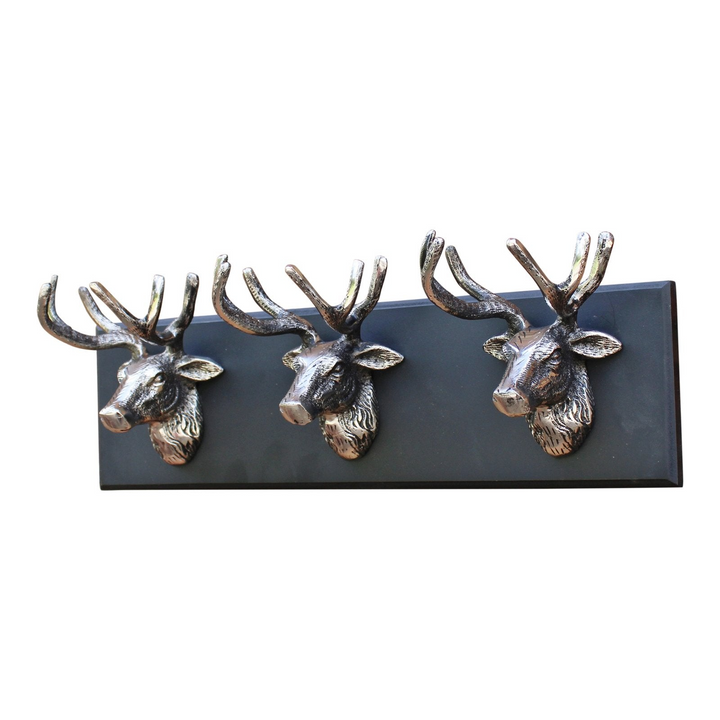 Elegant Triple Stag Head Ornament - Polished Silver Metal on Black Wooden Base - Modern Home Decor, Animal Lover's Gift - Premium  from Home Treasures - Just £22.99! Shop now at Home Treasures