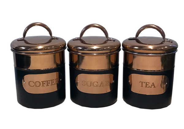 Stylish Set of 3 Black & Copper Tea, Sugar & Coffee Tins - Airtight Stainless Steel Storage Canisters - Premium  from Home Treasures - Just £37.99! Shop now at Home Treasures