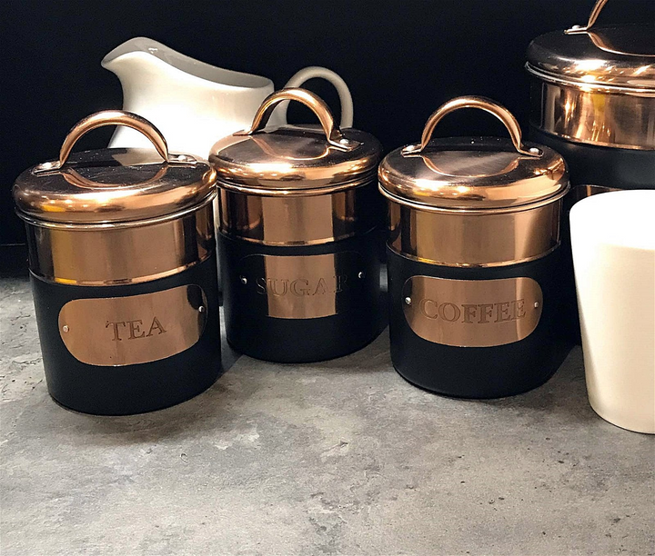 Stylish Set of 3 Black & Copper Tea, Sugar & Coffee Tins - Airtight Stainless Steel Storage Canisters - Premium  from Home Treasures - Just £37.99! Shop now at Home Treasures