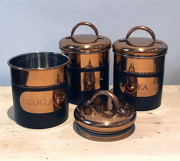 Stylish Set of 3 Black & Copper Tea, Sugar & Coffee Tins - Airtight Stainless Steel Storage Canisters - Premium  from Home Treasures - Just £37.99! Shop now at Home Treasures