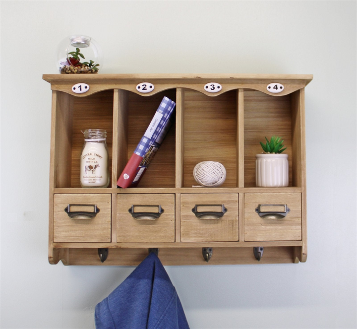 Wooden Wall Hanging Storage Unit with Cubby Holes, Drawers, and Coat Hooks - Premium  from Home Treasures - Just £27.99! Shop now at Home Treasures