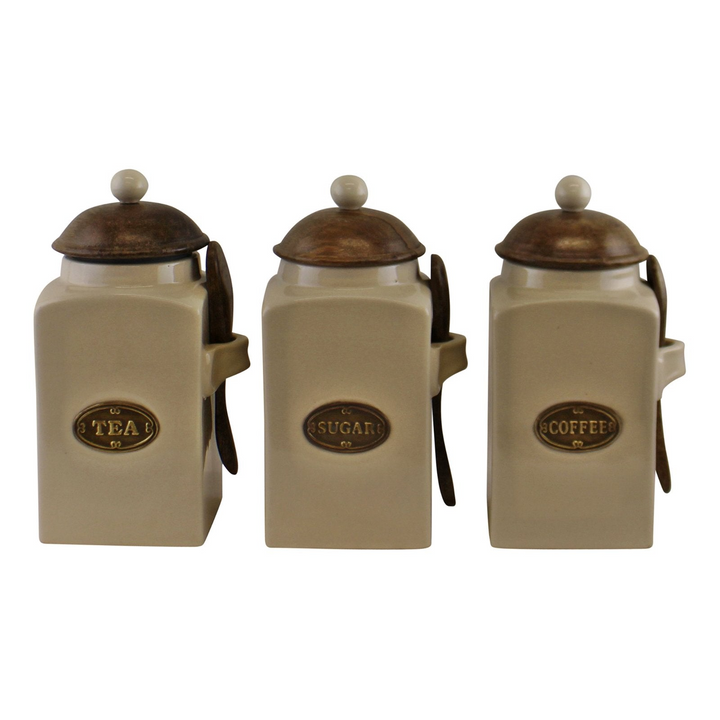 Elegant Large Tea, Coffee & Sugar Canisters with Spoons - Set of 3 | High-Quality Ceramic & Mango Wood | Airtight Seal | Country Cottage Style - Premium  from Home Treasures - Just £40.99! Shop now at Home Treasures