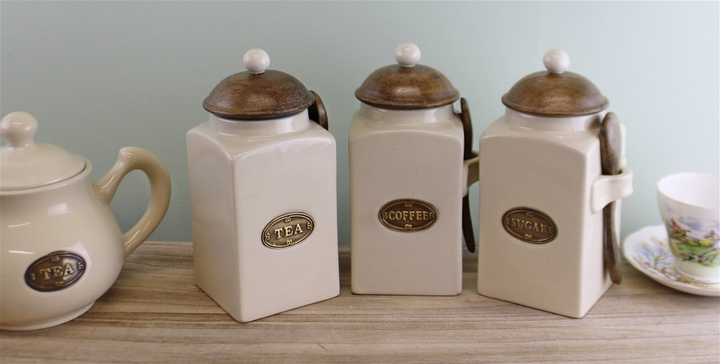 Elegant Large Tea, Coffee & Sugar Canisters with Spoons - Set of 3 | High-Quality Ceramic & Mango Wood | Airtight Seal | Country Cottage Style - Premium  from Home Treasures - Just £40.99! Shop now at Home Treasures