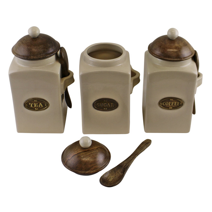 Elegant Large Tea, Coffee & Sugar Canisters with Spoons - Set of 3 | High-Quality Ceramic & Mango Wood | Airtight Seal | Country Cottage Style - Premium  from Home Treasures - Just £40.99! Shop now at Home Treasures