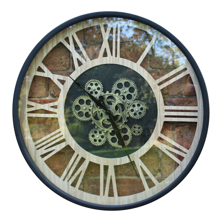 Elegant Black and Natural Moving Gear Wall Clock, 57cm – Stylish Iron and MDF Construction - Premium  from Home Treasures - Just £55.99! Shop now at Home Treasures