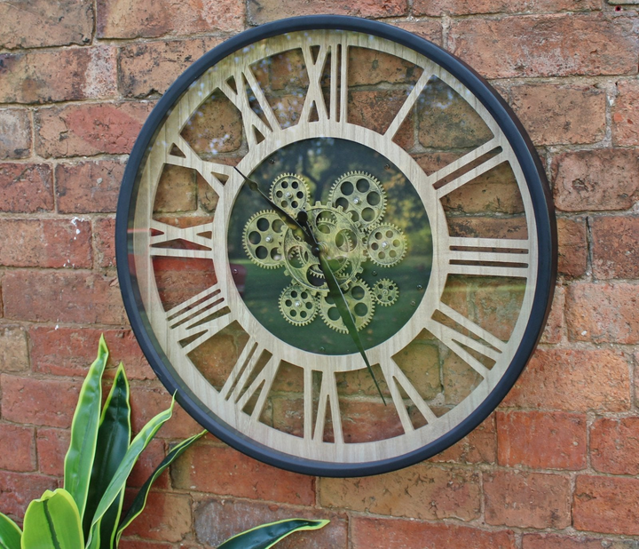 Elegant Black and Natural Moving Gear Wall Clock, 57cm – Stylish Iron and MDF Construction - Premium  from Home Treasures - Just £55.99! Shop now at Home Treasures