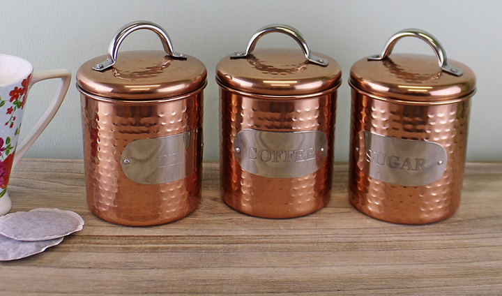 Elegant Hammered Copper Tea, Coffee & Sugar Canisters - Set of 3 | 100% Stainless Steel | Airtight Seal for Freshness - Premium  from Home Treasures - Just £36.99! Shop now at Home Treasures