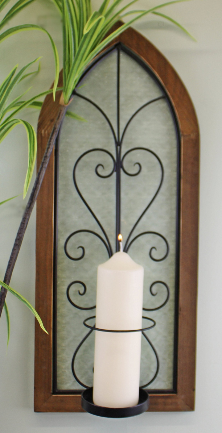 Elegant Church Window Design Candle Wall Sconce - Rustic Firwood, Metal, and Glass Décor - Premium  from Home Treasures - Just £30.99! Shop now at Home Treasures