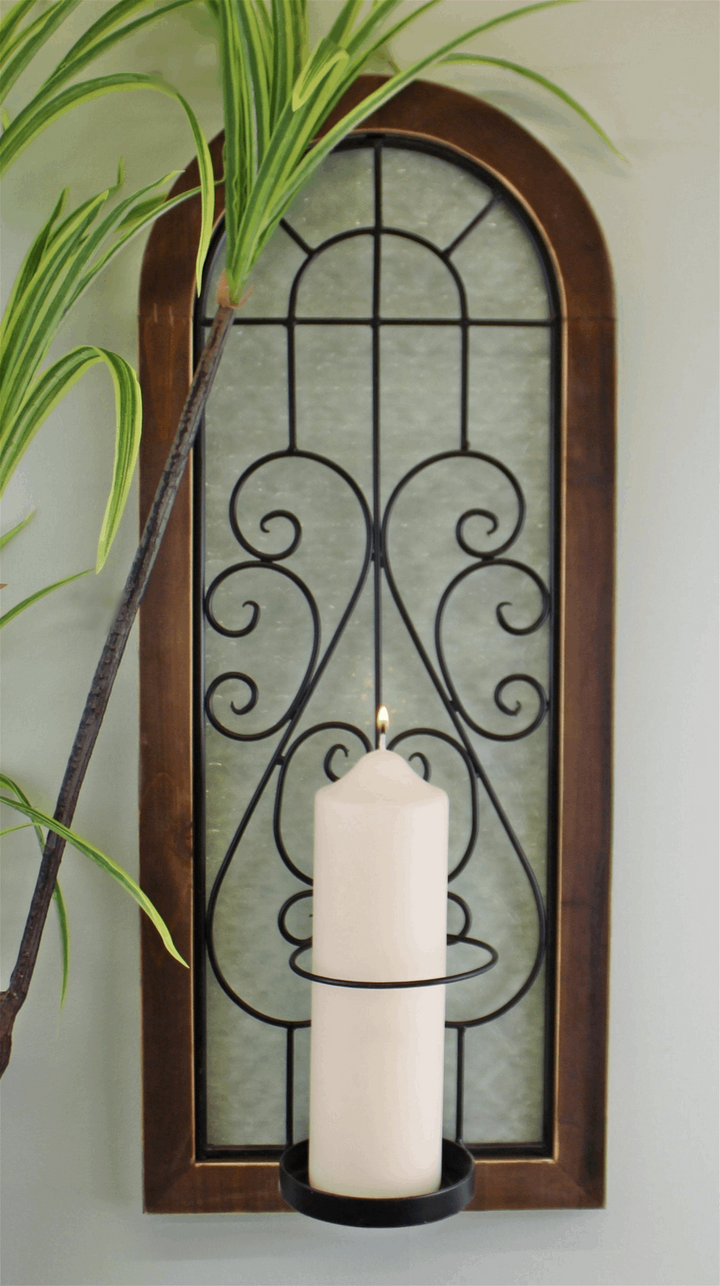 Elegant Arched Design Candle Wall Sconce with Scrolled Metal and Patterned Glass - Premium  from Home Treasures - Just £30.99! Shop now at Home Treasures