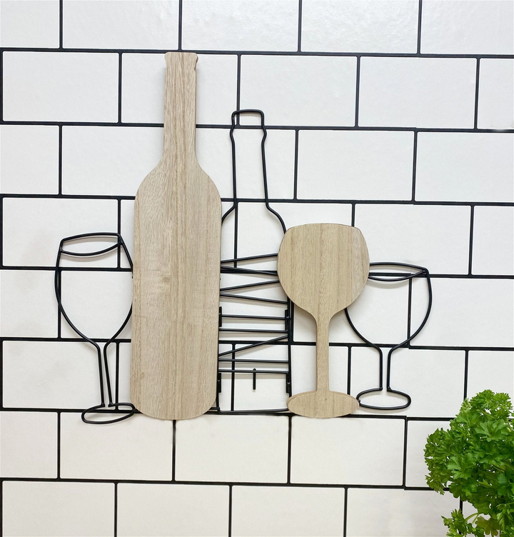 Elegant Wine Bottle & Glasses Wall Decoration – Stylish MDF & Black Wire Art for Kitchen Walls - Premium  from Home Treasures - Just £20.99! Shop now at Home Treasures