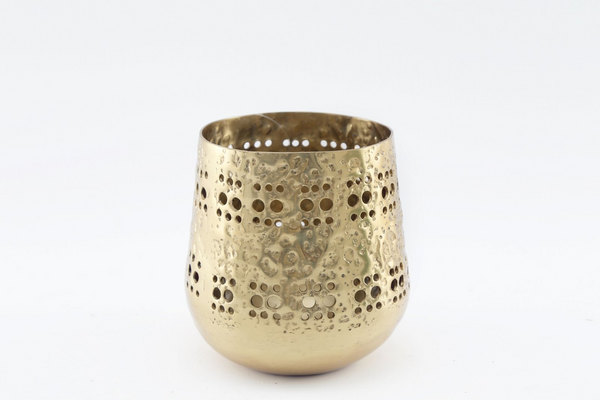 Small Gold Candle Pot 13.5cm | Moroccan Style Metal Pot with Hammered Perforations - Perfect for Home Decor - Premium  from Home Treasures - Just £4.99! Shop now at Home Treasures