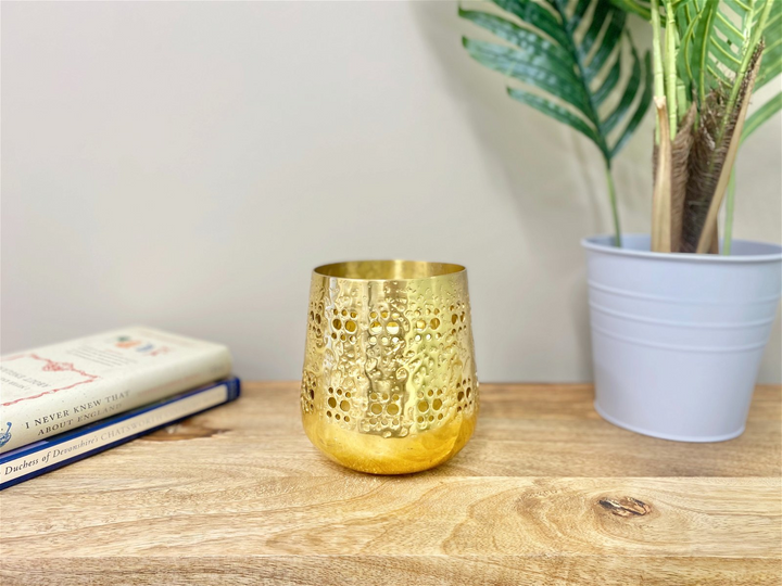 Small Gold Candle Pot 13.5cm | Moroccan Style Metal Pot with Hammered Perforations - Perfect for Home Decor - Premium  from Home Treasures - Just £4.99! Shop now at Home Treasures