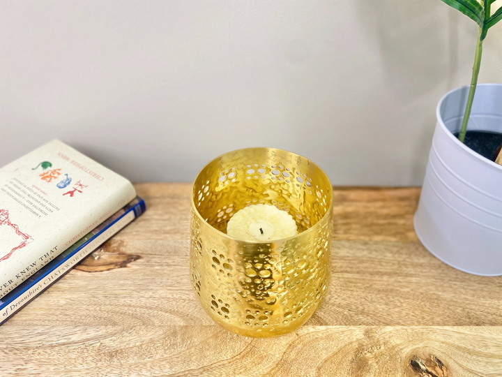 Small Gold Candle Pot 13.5cm | Moroccan Style Metal Pot with Hammered Perforations - Perfect for Home Decor - Premium  from Home Treasures - Just £4.99! Shop now at Home Treasures