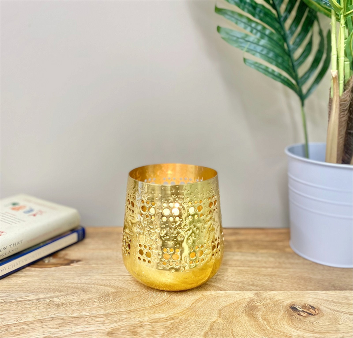 Small Gold Candle Pot 13.5cm | Moroccan Style Metal Pot with Hammered Perforations - Perfect for Home Decor - Premium  from Home Treasures - Just £4.99! Shop now at Home Treasures