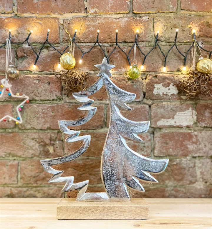 Elegant Silver Metal Tree on Wooden Base - Perfect Modern Table-top, Décor for Festive Seasons - Premium  from Home Treasures - Just £18.99! Shop now at Home Treasures