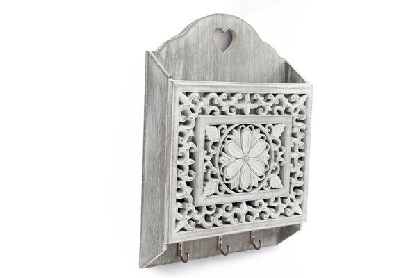 Grey Wooden 3 Hook Key Holder With Cutout Pattern Shelf - Stylish and Practical - Premium  from Home Treasures - Just £19.99! Shop now at Home Treasures