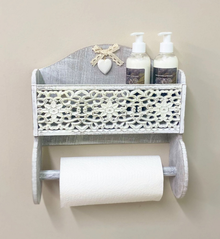 Wooden Kitchen Towel Holder with Cut-out Pattern Shelf in Grey - Shabby Chic Design | Vintage Elegance for Your Kitchen - Premium  from Home Treasures - Just £28.99! Shop now at Home Treasures