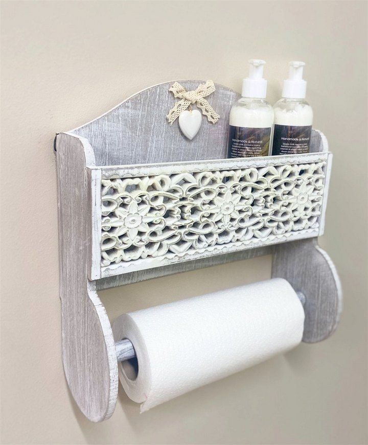 Wooden Kitchen Towel Holder with Cut-out Pattern Shelf in Grey - Shabby Chic Design | Vintage Elegance for Your Kitchen - Premium  from Home Treasures - Just £28.99! Shop now at Home Treasures