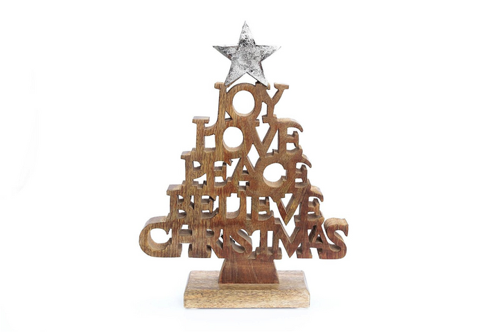 Elegant Wooden Christmas Tree Words Ornament - 26cm with Festive Silver Star Topper - Premium  from Home Treasures - Just £31.99! Shop now at Home Treasures