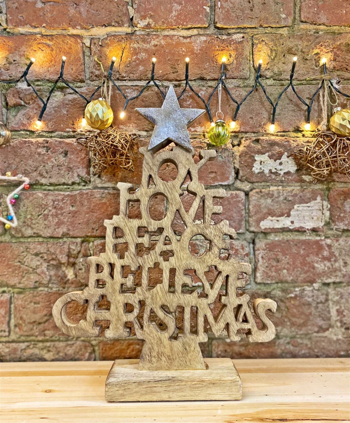 Elegant Wooden Christmas Tree Words Ornament - 26cm with Festive Silver Star Topper - Premium  from Home Treasures - Just £31.99! Shop now at Home Treasures