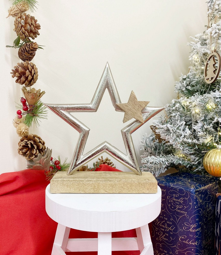 Silver Star On Wooden Base Decoration - Festive Ornament for Captivating Displays - Premium  from Home Treasures - Just £20.99! Shop now at Home Treasures