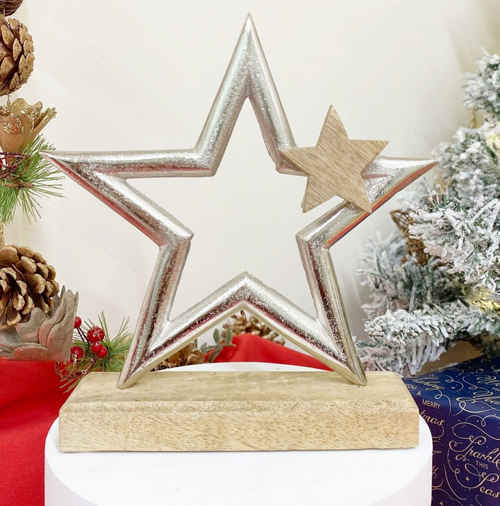 Silver Star On Wooden Base Decoration - Festive Ornament for Captivating Displays - Premium  from Home Treasures - Just £20.99! Shop now at Home Treasures