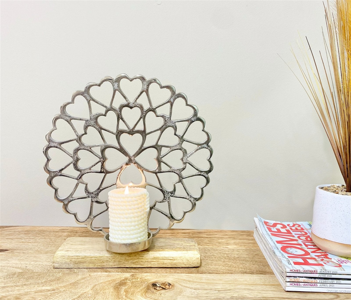 Vintage Heart Pattern Tealight Holder on Wooden Base - Elegant & Romantic Home Decor - Premium  from Home Treasures - Just £25.99! Shop now at Home Treasures