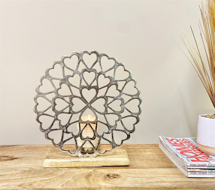 Vintage Heart Pattern Tealight Holder on Wooden Base - Elegant & Romantic Home Decor - Premium  from Home Treasures - Just £25.99! Shop now at Home Treasures