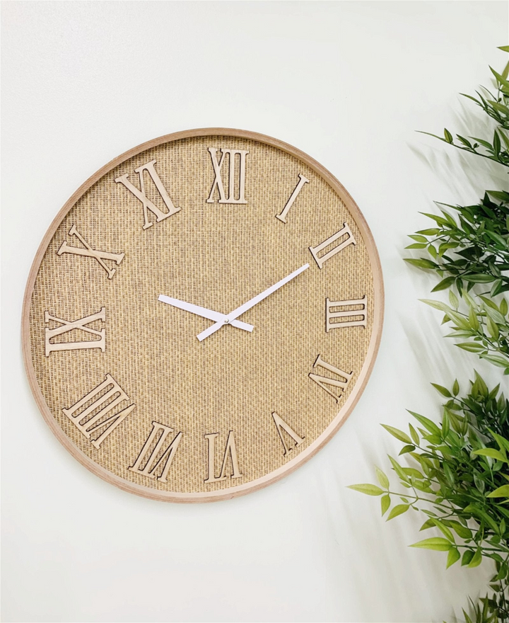 Serenity Hessian Woven Wall Clock - 50cm Rustic Wooden Timepiece with Clear White Hands - Premium  from Home Treasures - Just £5.99! Shop now at Home Treasures