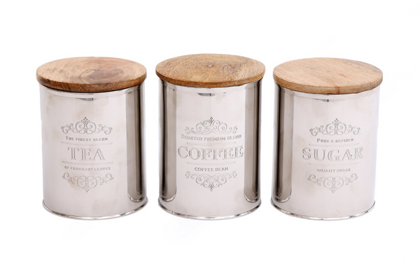 Elegant Set of Three Silver Tea, Coffee, and Sugar Containers - Stainless Steel with Wooden Lids - Premium  from Home Treasures - Just £34.99! Shop now at Home Treasures