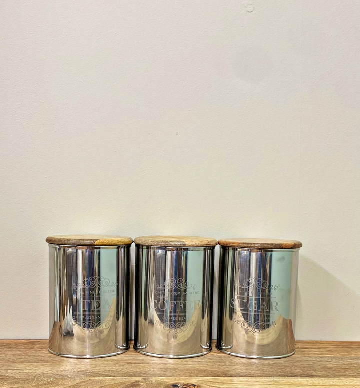 Elegant Set of Three Silver Tea, Coffee, and Sugar Containers - Stainless Steel with Wooden Lids - Premium  from Home Treasures - Just £34.99! Shop now at Home Treasures